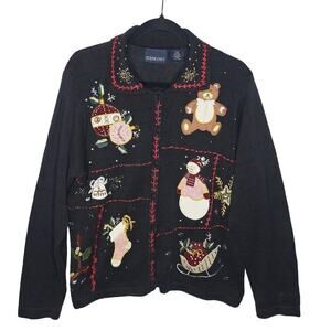 Vintage Christmas Cardigan Sweater Large Beaded Embroidered Collared Cottagecore